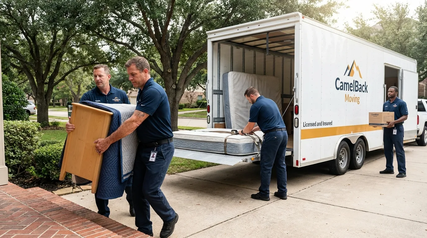 Crew loading residential truck for cross-state move from Quitman, TX