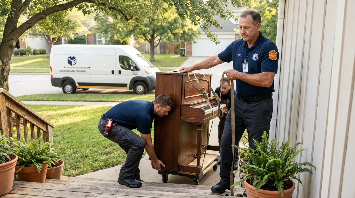Licensed piano movers securing grand piano in Quitman, TX