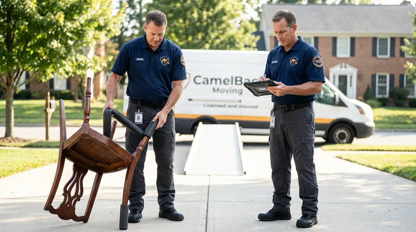 Movers inspecting furniture for damage prevention before loading in Quitman, TX