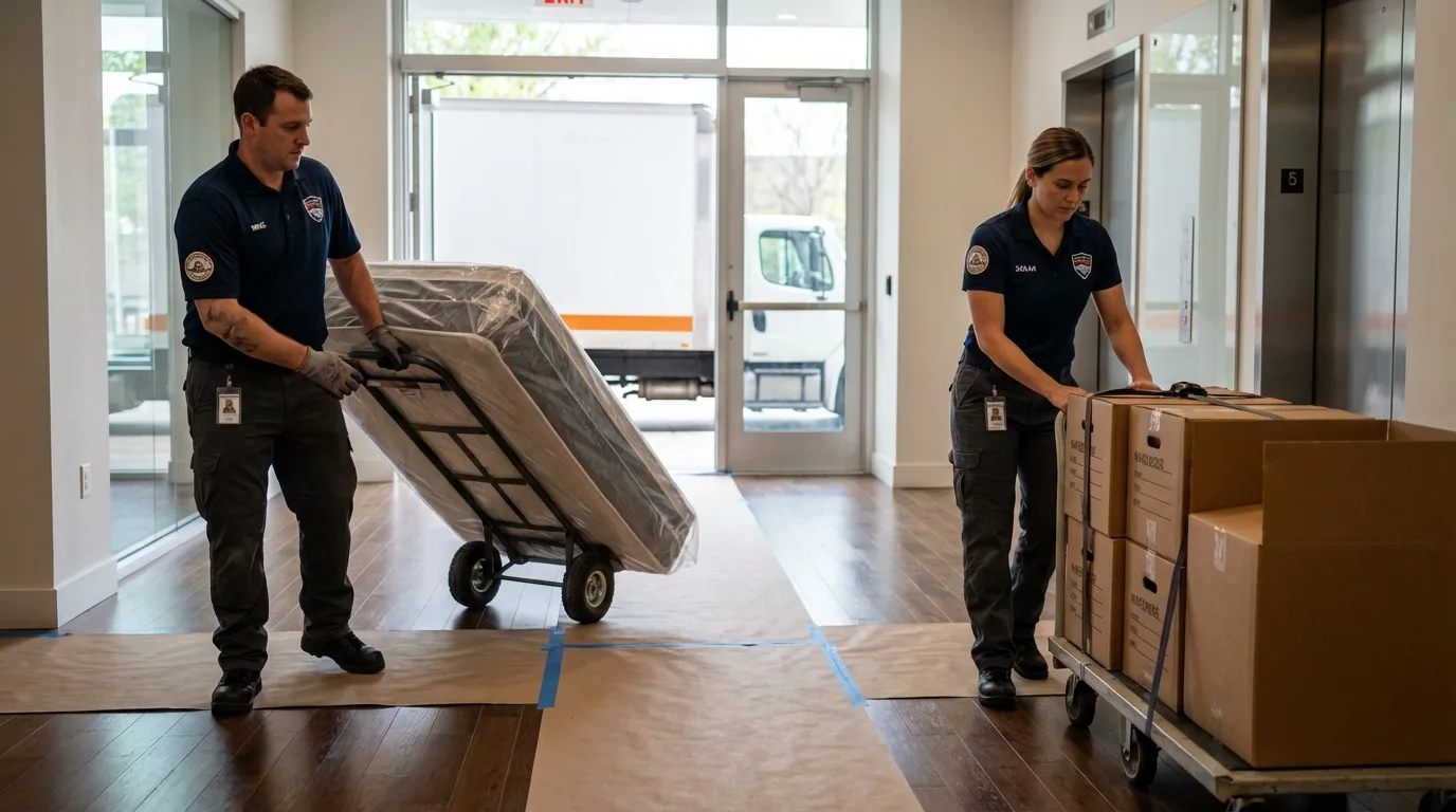 Professional apartment movers loading elevator in Quitman, TX